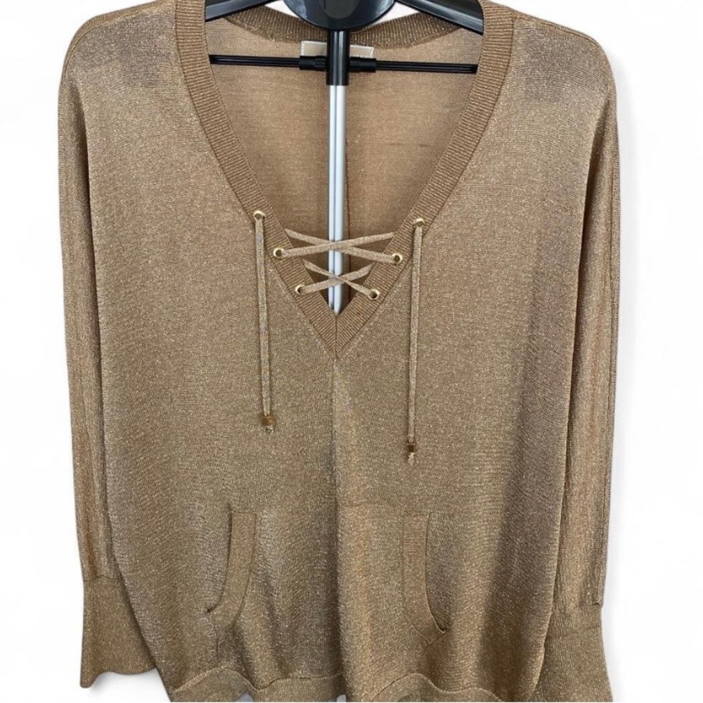 Michael kors Tan V-Neck Sweater with Lace-Up Detail